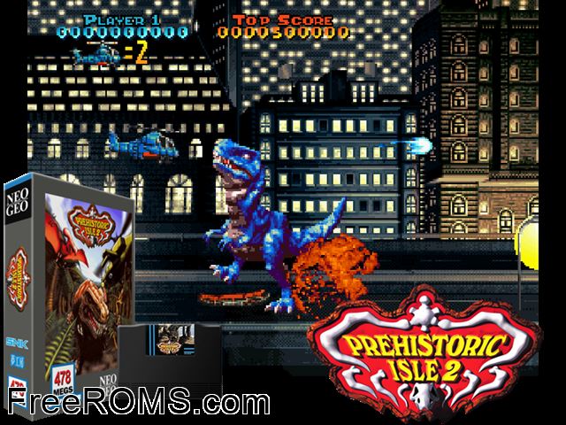 Prehistoric Isle 2 MAME game showing 3D box cover and gameplay screenshot