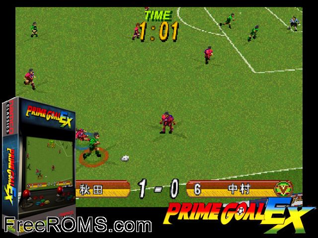 Prime Goal EX (PG1/VER.A) MAME game showing 3D box cover and gameplay screenshot