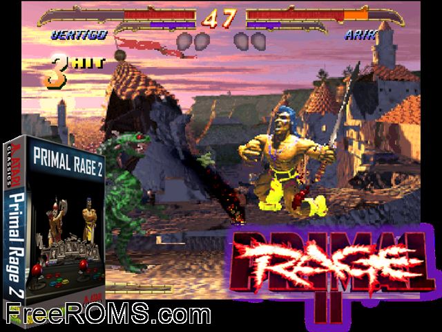 Primal Rage 2 (Ver 0.36a) MAME game showing 3D box cover and gameplay screenshot