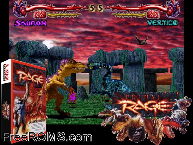 Primal Rage (version 2.0) MAME game showing 3D box cover and gameplay screenshot