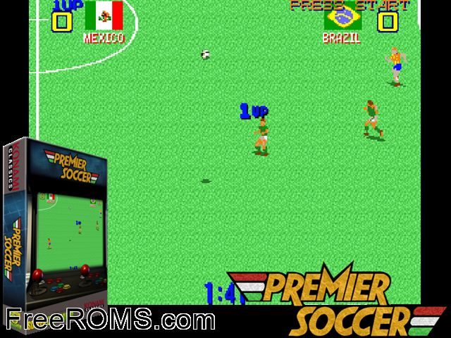 Premier Soccer (ver JAB) MAME game showing 3D box cover and gameplay screenshot