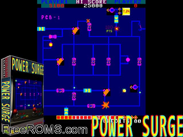 Power Surge MAME game showing 3D box cover and gameplay screenshot