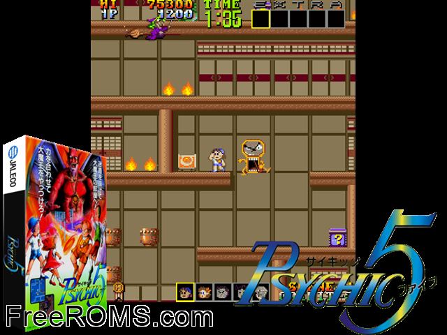 Psychic 5 MAME game showing 3D box cover and gameplay screenshot