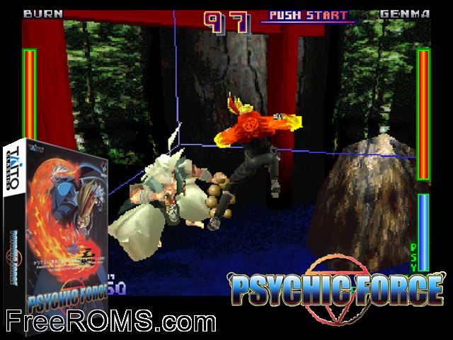 Psychic Force (Ver 2.4J) MAME game showing 3D box cover and gameplay screenshot