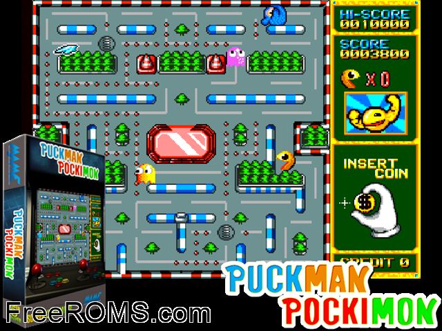 Puckman Pockimon MAME game showing 3D box cover and gameplay screenshot