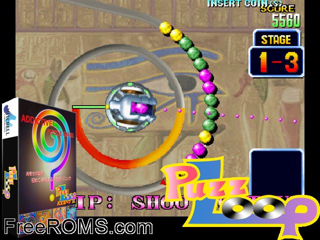 Puzz Loop (Europe) MAME game showing 3D box cover and gameplay screenshot