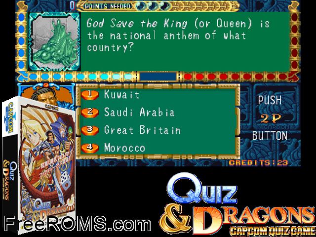 Quiz and Dragons (US 920701) MAME game showing 3D box cover and gameplay screenshot