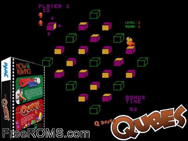Q*bert's Qubes MAME game showing 3D box cover and gameplay screenshot