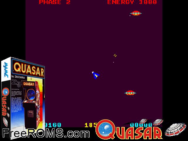 Quasar (Alternate) MAME game showing 3D box cover and gameplay screenshot
