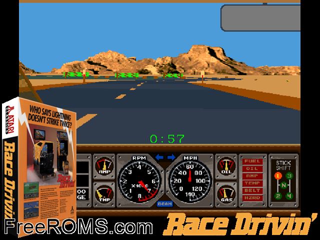 Race Drivin' (cockpit, rev 3) MAME game showing 3D box cover and gameplay screenshot