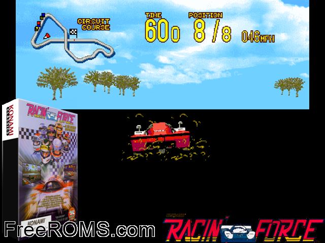 Racin' Force (ver UAB) MAME game showing 3D box cover and gameplay screenshot