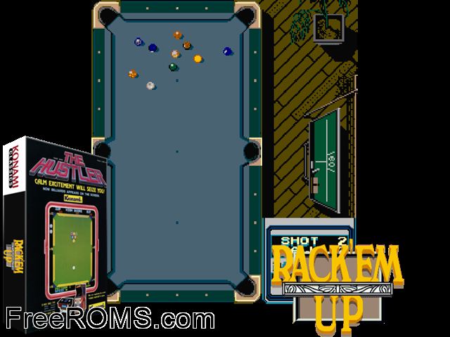 Rack 'em Up MAME game showing 3D box cover and gameplay screenshot