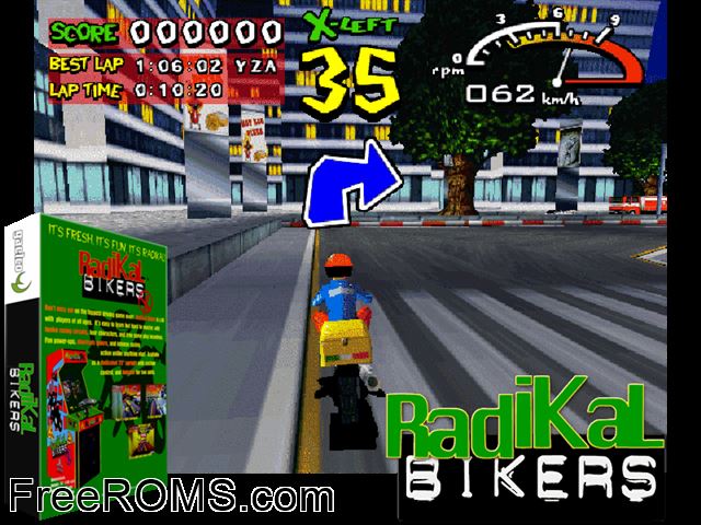 Radikal Bikers MAME game showing 3D box cover and gameplay screenshot