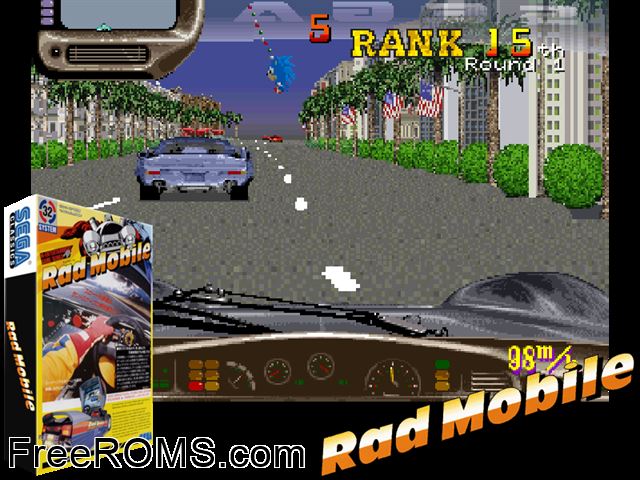 Rad Mobile (World) MAME game showing 3D box cover and gameplay screenshot