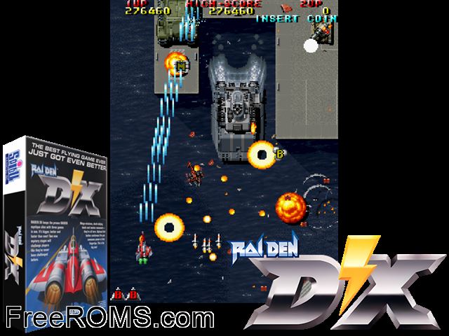 Raiden DX (set 1) MAME game showing 3D box cover and gameplay screenshot