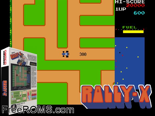 Rally X MAME game showing 3D box cover and gameplay screenshot
