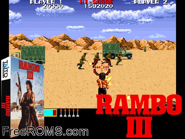 Rambo III (Europe set 2) MAME game showing 3D box cover and gameplay screenshot