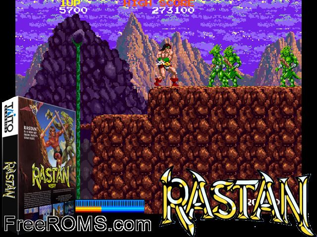 Rastan (US set 2) MAME game showing 3D box cover and gameplay screenshot