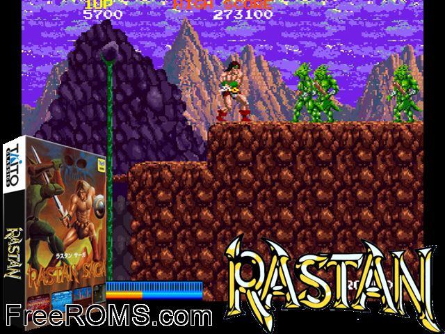 Rastan Saga (Japan) MAME game showing 3D box cover and gameplay screenshot