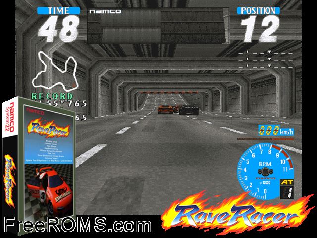 Rave Racer (Rev. RV1 Ver.B, Japan) MAME game showing 3D box cover and gameplay screenshot