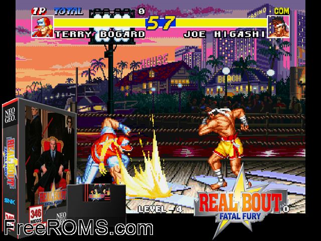 Real Bout Fatal Fury / Real Bout Garou Densetsu MAME game showing 3D box cover and gameplay screenshot