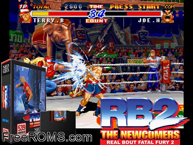 Real Bout Fatal Fury 2 - The Newcomers / Real Bout Garou Densetsu 2 - the newcomers (set 1 MAME game showing 3D box cover and gameplay screenshot
