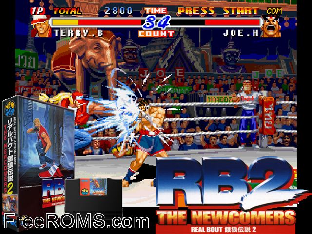Real Bout Fatal Fury 2 - The Newcomers (Korean release) MAME game showing 3D box cover and gameplay screenshot