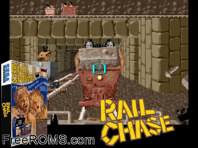 Rail Chase (Japan) MAME game showing 3D box cover and gameplay screenshot