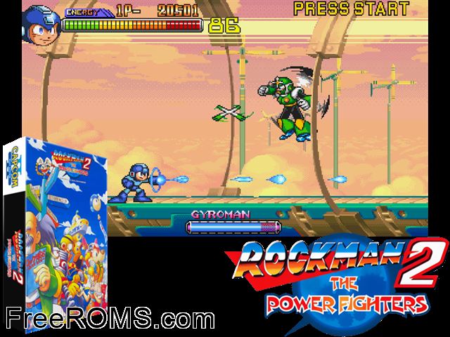 Rockman 2: The Power Fighters (Japan 960708) MAME game showing 3D box cover and gameplay screenshot