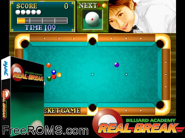 Billiard Academy Real Break (Japan) MAME game showing 3D box cover and gameplay screenshot
