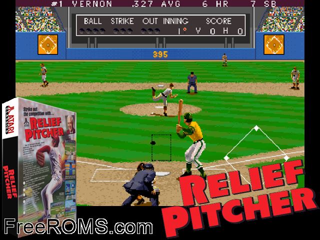 Relief Pitcher (set 1) MAME game showing 3D box cover and gameplay screenshot