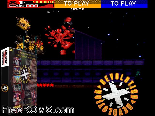 Revolution X (Rev. 1.0 6/16/94) MAME game showing 3D box cover and gameplay screenshot