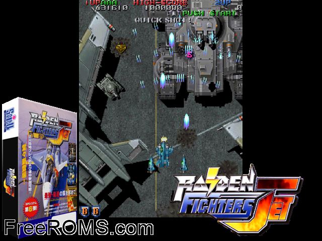 Raiden Fighters Jet (Japan) MAME game showing 3D box cover and gameplay screenshot