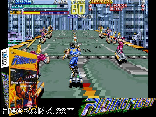 Riding Fight (Ver 1.0A) MAME game showing 3D box cover and gameplay screenshot