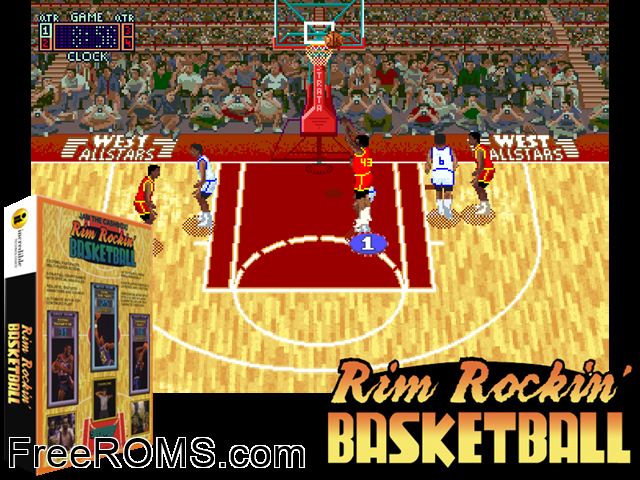 Rim Rockin' Basketball (V2.2) MAME game showing 3D box cover and gameplay screenshot