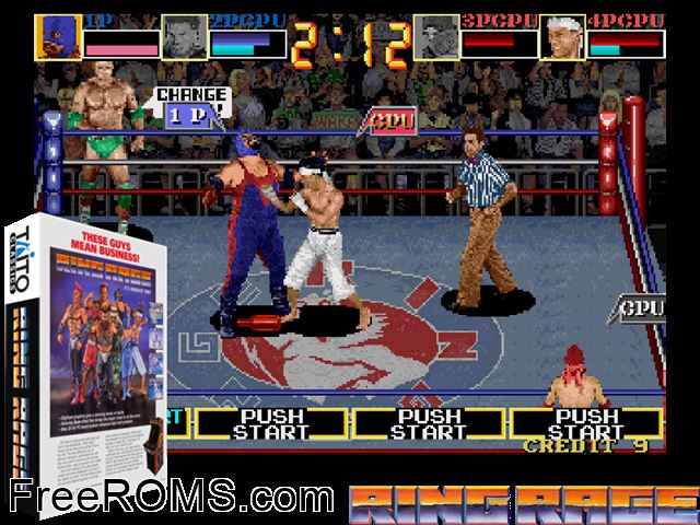 Ring Rage (Ver 2.3J 1992/08/09) MAME game showing 3D box cover and gameplay screenshot