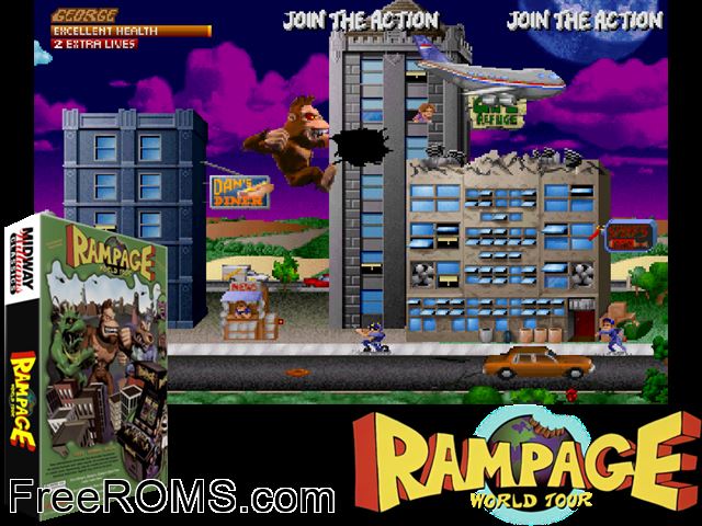 Rampage: World Tour (rev 1.3) MAME game showing 3D box cover and gameplay screenshot
