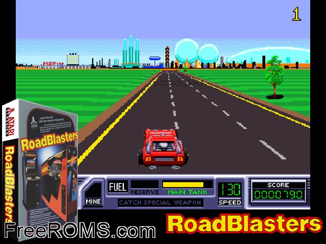 Road Blasters (upright, rev 3) MAME game showing 3D box cover and gameplay screenshot