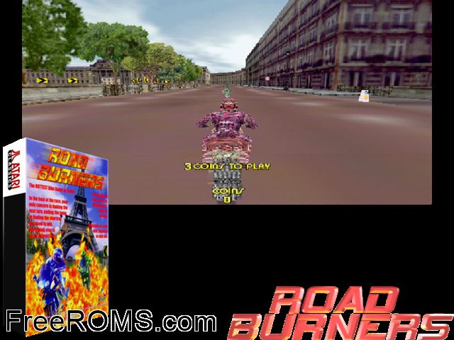 Road Burners MAME game showing 3D box cover and gameplay screenshot