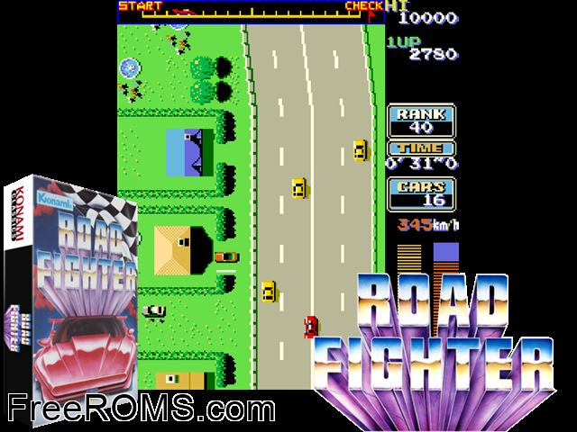 Road Fighter (set 1) MAME game showing 3D box cover and gameplay screenshot