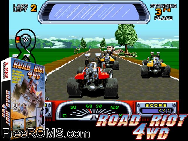 Road Riot 4WD MAME game showing 3D box cover and gameplay screenshot