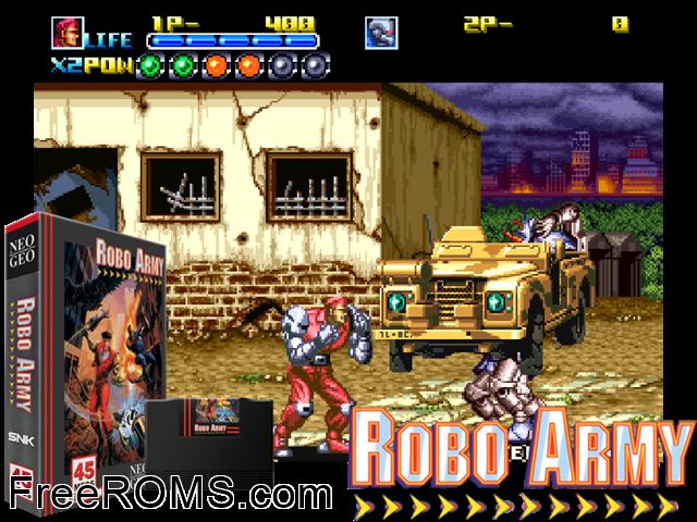 Robo Army (set 1) MAME game showing 3D box cover and gameplay screenshot