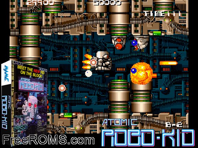 Atomic Robo-kid MAME game showing 3D box cover and gameplay screenshot