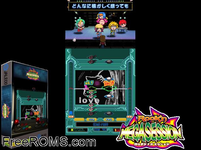 Rock'n MegaSession (Japan) MAME game showing 3D box cover and gameplay screenshot