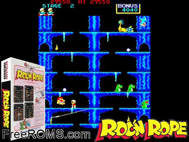 Roc'n Rope (Kosuka) MAME game showing 3D box cover and gameplay screenshot