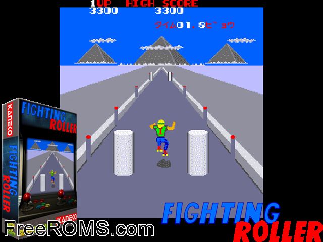 Roller Aces (set 1) MAME game showing 3D box cover and gameplay screenshot