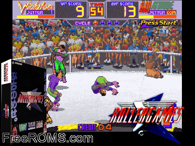 Rollergames (Japan) MAME game showing 3D box cover and gameplay screenshot