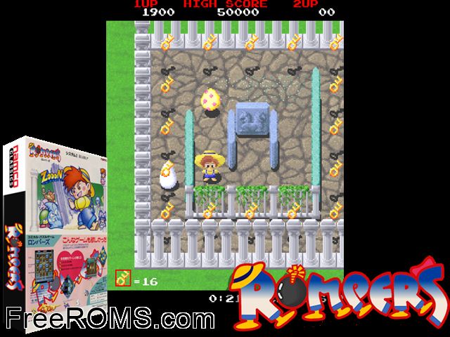 Rompers (Japan) MAME game showing 3D box cover and gameplay screenshot