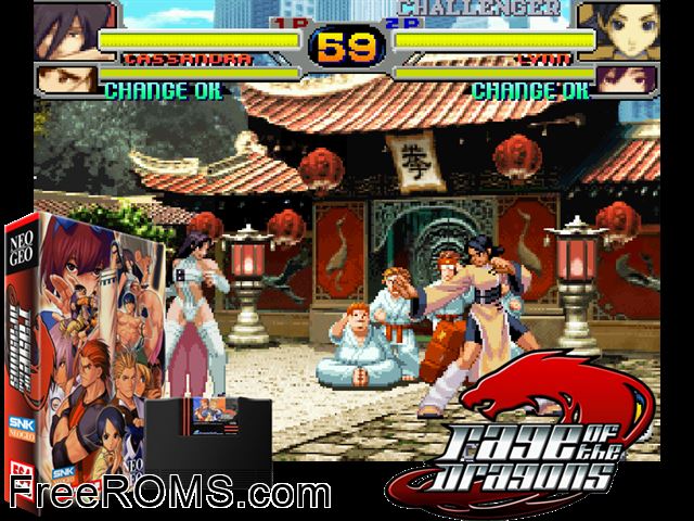 Rage of the Dragons MAME game showing 3D box cover and gameplay screenshot