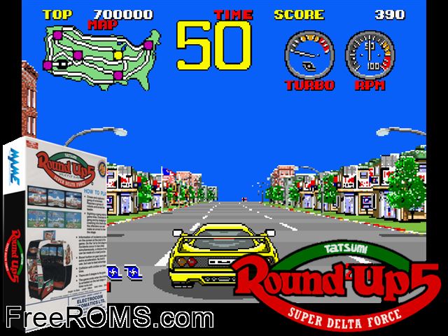 Round Up 5 - Super Delta Force MAME game showing 3D box cover and gameplay screenshot